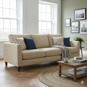 Classic beige linen-look sofa styled with cushions in a traditional British semi-detached home.
