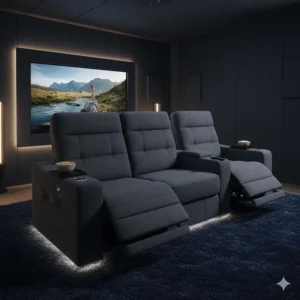 An ergonomic electric recliner sofa with adjustable headrests and footrests for maximum comfort in a home cinema.