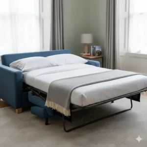 A versatile fabric sofa bed shown in a guest bedroom, highlighting a practical fold-out mechanism for overnight visitors.