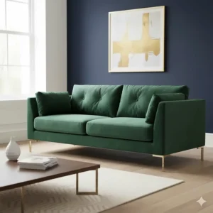 A luxury emerald green velvet settee with elegant gold legs, reflecting popular British interior design trends.