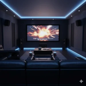 Three-seater black leather recliner sofa with integrated cup holders in a darkened home cinema room.