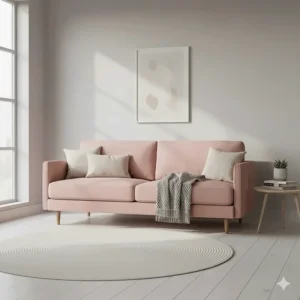 Modern blush pink velvet sofa with light oak legs on a white wooden floor with a Scandi-style aesthetic.