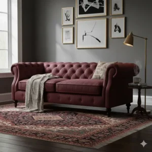 Classic burgundy fabric Chesterfield sofa with deep buttoning, providing a timeless look for less than £1000.