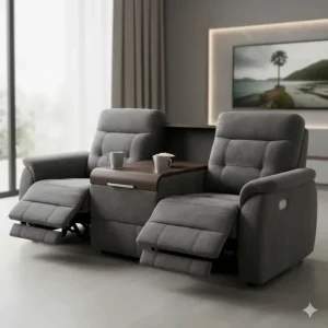 Home cinema recliner sofa featuring integrated cup holders and a central storage console.