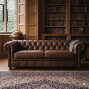 Traditional dark brown leather Chesterfield sofa with deep button tufting and rolled arms in a classic oak-paneled study.