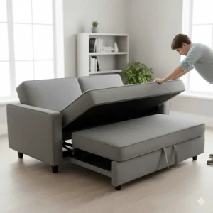 Demonstration of a click-clack sofa bed mechanism for easy conversion.