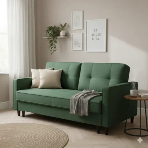 Versatile click-clack sofa bed in forest green, ideal for guest rooms and homes under £500.