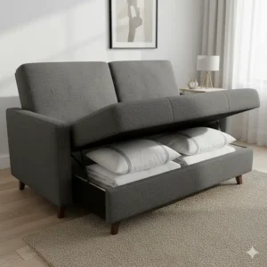 A contemporary click-clack sofa bed showing the under-seat storage area for guest bedding.
