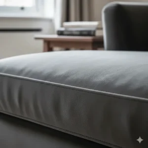 Close-up detail showing the soft-touch texture and high-quality upholstery of a grey velvet sofa.