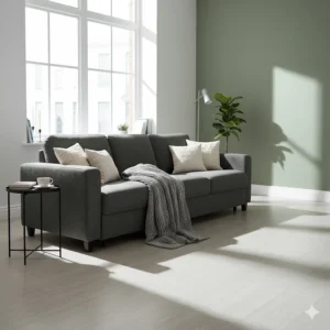 Stylish 3-seater fabric sofa bed styled with a throw for daytime lounging.