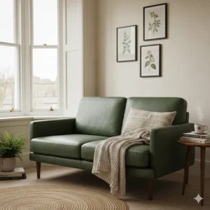A compact two-seater leather settee in forest green, ideal for a small flat or a cosy reading nook.