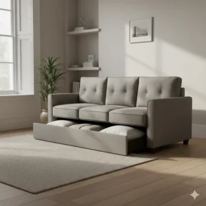 A compact two-seater sofa bed with storage, ideal for a small UK flat or spare bedroom.