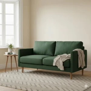 A compact forest green two-seater settee designed for small UK flats and apartments, available for less than £1000.