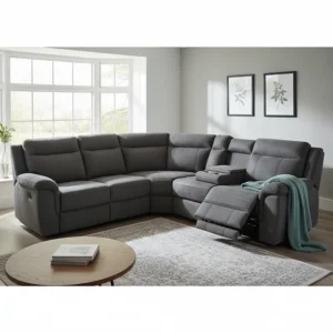Large corner recliner sofa in charcoal chenille fabric, ideal for spacious family lounges.