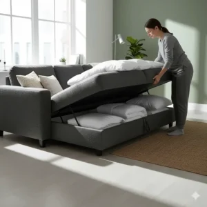 L-shaped corner sofa bed in charcoal fabric with built-in storage for bedding.