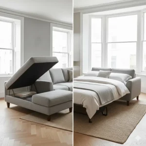 Functional corner sofa bed being folded out, featuring hidden under-seat storage for bedding.