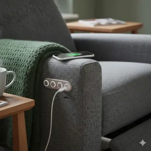 Detailed view of an electric power recliner's side controls with integrated USB charging ports and a smartphone.