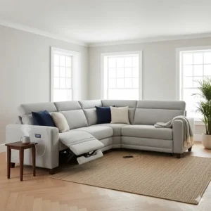 Modern fabric corner sofa with an integrated electric reclining seat and USB charging port.