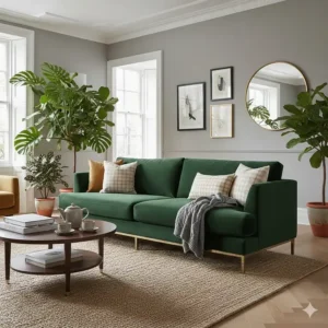Deep emerald green velvet sofa styled with indoor houseplants and a wooden coffee table in a bright lounge.