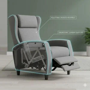 A technical overlay of a grey wingback recliner chair highlighting the internal lumbar support and adjustable padded headrest.