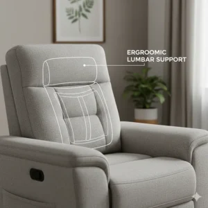 Detail view of the ergonomic lumbar support and padded headrest on a high-back recliner sofa.