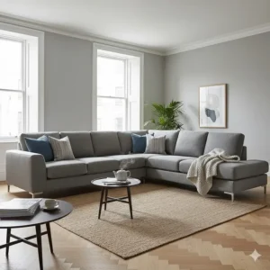 A large grey L-shaped sofa with right-hand facing orientation and chrome feet.