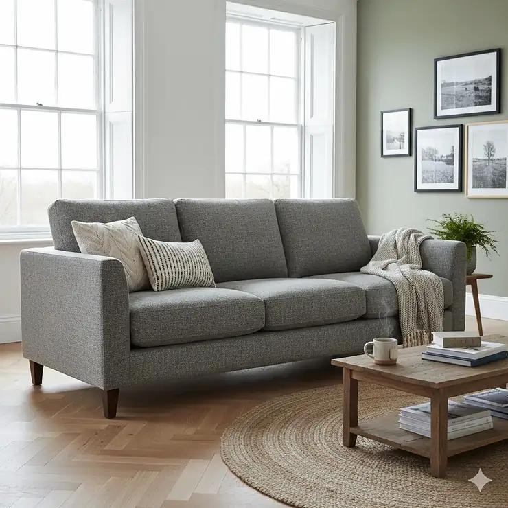 A modern grey fabric three-seater sofa styled in a bright British living room, priced under £500. sofa under £500