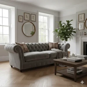 Classic grey velvet Chesterfield sofa featuring traditional deep button tufting and rolled arms in a neutral interior.