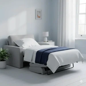 Single sofa bed chair set up in a bright spare room for overnight guests.