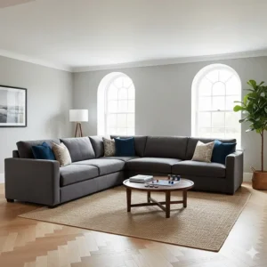 An expansive U-shaped modular corner sofa in charcoal grey, perfect for large family living rooms.