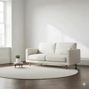 Small grey sofa arranged with a round jute rug and side table in a cosy, modern British flat.