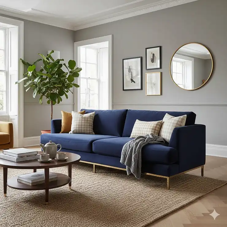 A luxurious navy blue velvet sofa with brass legs in a contemporary British living room featuring natural light. velvet sofa