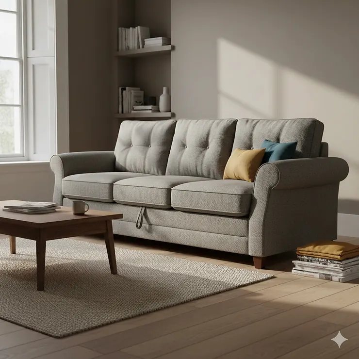 A stylish grey fabric sofa bed with storage compartment shown in a modern British living room. sofa bed with storage