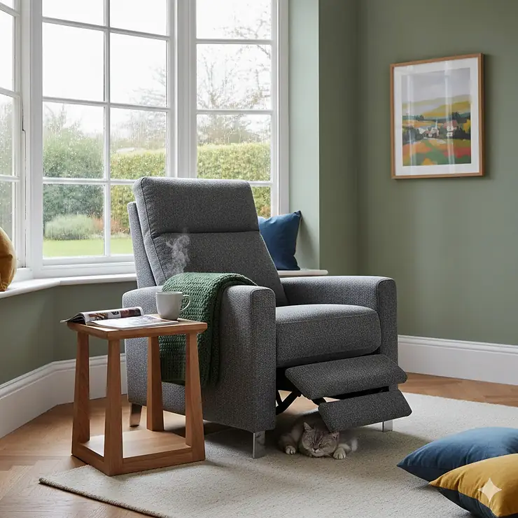 A premium grey leather recliner chair in a modern British living room featuring a bay window, oak side table, and a steaming cup of tea. recliner chair