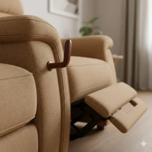 A classic manual recliner sofa showing the side lever handle for easy footrest adjustment.
