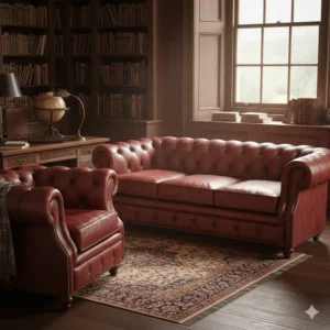 A matching leather sofa and armchair suite in oxblood red set within a traditional British library.