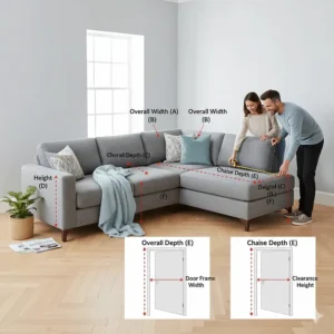 An illustrative guide showing how to measure a corner sofa to fit through UK standard door frames.