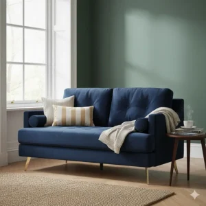 Elegant navy blue velvet two-seater settee with gold legs, affordable luxury under £500.