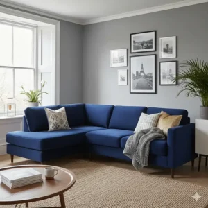 Navy blue velvet corner sofa with plush cushions, offering an affordable luxury look for a British home for under £1000.