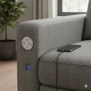 Close-up of an electric recliner sofa featuring a built-in USB charging port and chrome buttons.