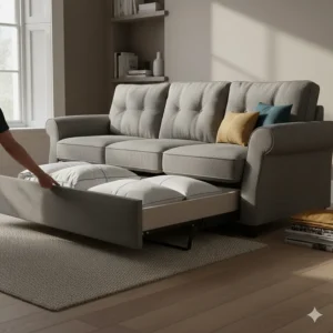 Close-up of a pull-out sofa bed with a hidden storage drawer for extra duvets and pillows.