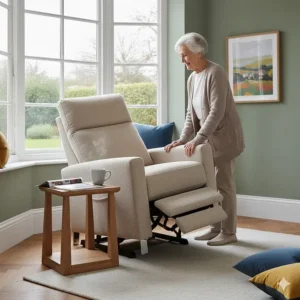 An elderly British woman using a cream-coloured fabric riser recliner chair that has tilted forward to assist her with standing.