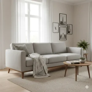 Scandinavian-inspired light grey sofa with natural oak legs, showing a clean and modern design for under £1000.