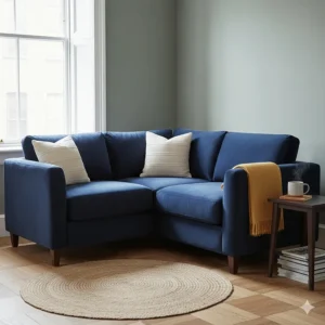 Compact velvet corner sofa in navy blue, ideal for smaller UK apartments or flats.