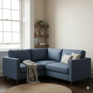 Grey fabric small sofa bed shown in a multi-functional living room with a home office desk.