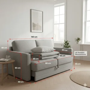 Luxury royal blue velvet small sofa with wooden legs in a stylish living room featuring a period fireplace.