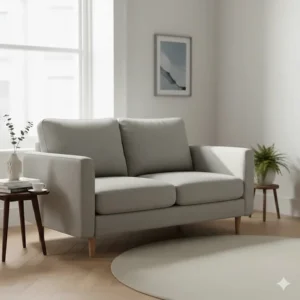 Stylish grey fabric small sofa for a small living room in a modern British home with soft natural lighting.