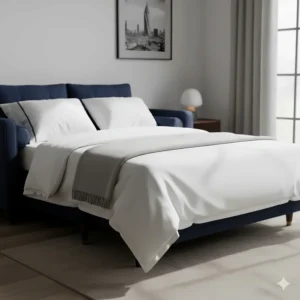 A sofa bed with storage styled as a bed with fresh linens in a minimalist UK guest room.