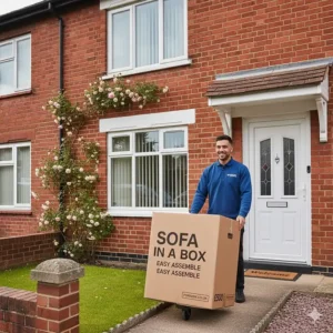 Efficient sofa-in-a-box packaging being delivered to a UK home, representing affordable furniture shipping.