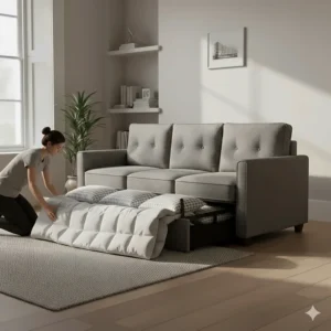 Demonstration of storing bulky winter duvets and pillows inside a sofa bed storage base.